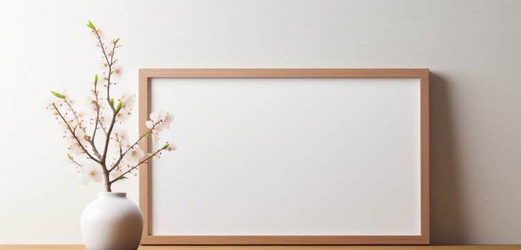  a wooden frame with an empty canvas against a soft pastel backdrop creates a serene and contemporary art mockup. The scene exudes calmness and offers a canvas for imaginative expression.