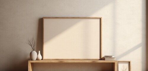  an empty mockup of a wooden frame features a mysterious abstract artwork on a beige wall. The scene invites viewers to explore the intersection of mystery and artistic expression.