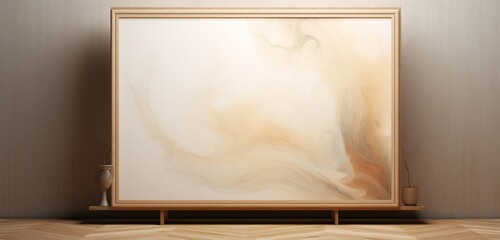 an empty mockup features a wooden frame with an ethereal abstract painting against a beige wall. The artistic blend of elements adds a touch of mystique.