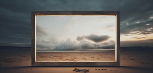  an empty mockup unveils a wooden frame with a modern digital art concept.