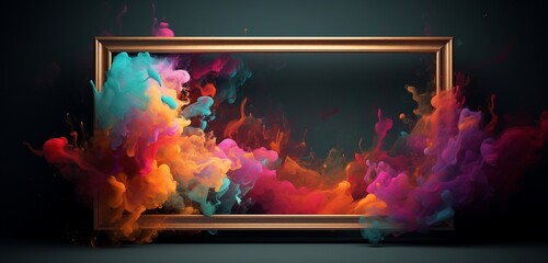  an empty mockup of a wooden frame presents a digital painting with vibrant colors. The scene radiates energy and creativity, showcasing the dynamic nature of the digital artwork.