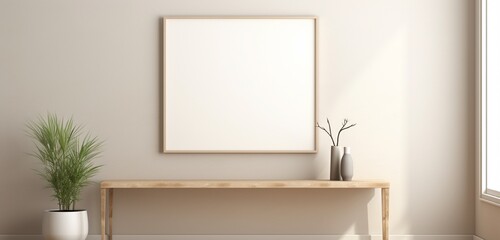 Empty mockup of a minimalist wooden frame on a beige wall, presenting a clean and modern art display.