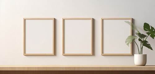 Empty mockup of a minimalist wooden frame on a beige wall, presenting a clean slate for artistic experimentation.
