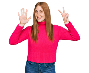 Young irish woman wearing casual clothes showing and pointing up with fingers number seven while smiling confident and happy.