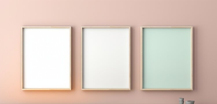 Empty mockup of a minimalist wooden frame on a soft pastel wall, presenting a clean slate for contemporary and imaginative artwork.