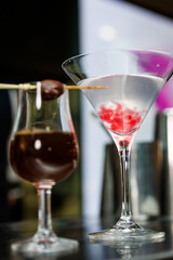 Two elegant cocktails with fruit garnishes on a bar top
