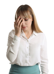 Portrait of unhappy young woman on white background