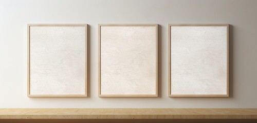 On a textured beige wall, a wooden frame with an empty canvas is photographed, creating a subtle and stylish mockup. 