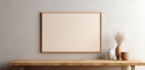 On the beige wall, a modern wooden frame is photographed, featuring an empty canvas. The empty mockup exudes a contemporary vibe with its minimalist design.