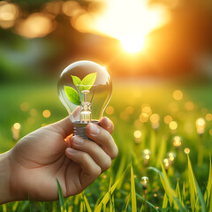 Hand holding a light bulb against nature on a green grass background, eco-friendly and innovative.