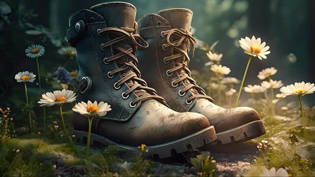 Shoes surrounded by flowers on the ground, environmental protection. Created with Generative AI