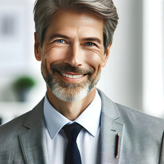 A happy, middle-aged business executive standing confidently in an office, portrayed in a close-up headshot against a white background.	
