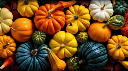 Autumn harvest colorful squashes and pumpkins in different varieties. A selection of winter squash and pumpkin shot from overhead