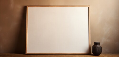 The rustic-framed blank canvas on a beige wall serves as a minimalist backdrop, awaiting creative input.