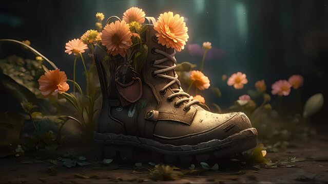 Shoes surrounded by flowers on the ground, environmental protection. Created with Generative AI