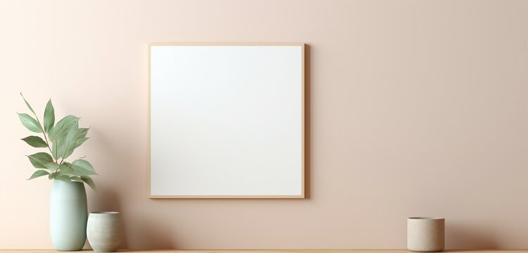 a wooden frame with a blank canvas creates a serene atmosphere against a soft pastel wall. The empty mockup radiates calmness, providing a canvas for contemplation and artistic expression.