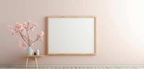 Through the lens of a camera, a wooden frame with an empty canvas against a soft pastel backdrop is observed. The empty mockup invites viewers into a serene and contemporary artistic space.