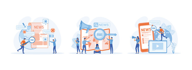 Obraz premium Man with magnifying glass checking, Fake News and Gossips with magnifying glass scanning and check news on smartphone. Fake news 1 set flat vector modern illustration