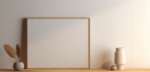 an empty mockup of a wooden frame with a subtle abstract design on a beige wall is observed. 