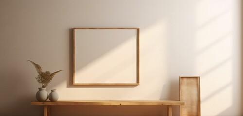 a blank wooden frame casts a shadow on a neutral wall, creating a space for imaginative artwork. 
