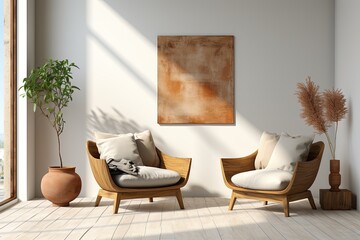 Mockup of modern living room with large windows flooded with daylight in warm pastel colors