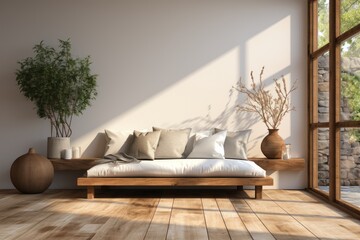 Mockup of modern living room with large windows flooded with daylight in warm pastel colors	