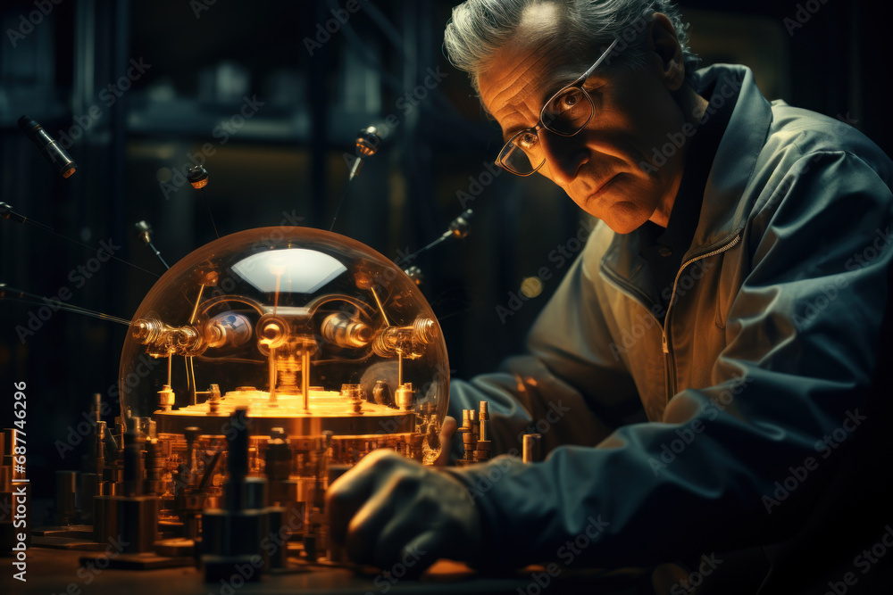 Poster a nuclear physicist conducting experiments with a particle accelerator, illustrating the fundamental