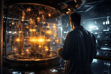 Obraz premium A nuclear engineer overseeing the loading of fresh fuel into a reactor, illustrating the precision and expertise involved in nuclear operations. Concept of nuclear plant operations. Generative Ai.