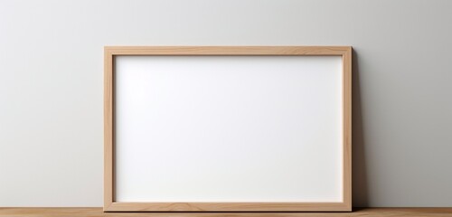 Wooden frame showcasing an empty canvas against a neutral background, embodying simplicity and sophistication. Empty mockup.