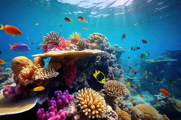 Naklejka na ściany i meble A vibrant coral reef teeming with diverse marine life, underscoring the fragile beauty of underwater ecosystems. Concept of coral reef conservation and marine biodiversity. Generative Ai.