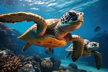 A group of sea turtles gliding gracefully through the ocean depths, representing the enduring spirit of ancient creatures in the marine world. Concept of sea turtle conservation. Generative Ai.