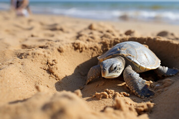 A serene scene of a turtle laying eggs on a sandy beach, underlining the cyclical and fragile nature of certain species' life cycles.  Generative Ai.