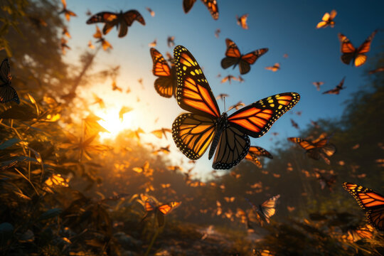 A swarm of monarch butterflies during their migration, illustrating the remarkable journeys and interconnectedness of species across vast distances.  Generative Ai.