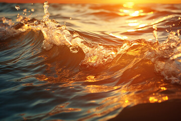 Sun-kissed waves, bathed in hues of gold and amber, creating a luminous seascape beneath the warm embrace of a setting sun. Concept of the magic hour on the water. Generative Ai. - Powered by Adobe