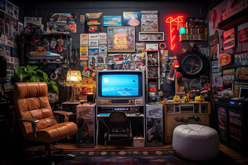 Vintage 90s nostalgia with a retro gaming setup and fashion in a teenager's room - obrazy, fototapety, plakaty