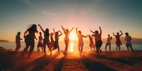 Zelfklevend Fotobehang Twilight beach dance party in Brazil, Rio De Janeiro, with beautiful dusk tropical skies and hanging lightbulbs, in a tropical setting © dreamalittledream