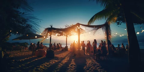 Gordijnen Twilight beach dance party in Brazil, Rio De Janeiro, with beautiful dusk tropical skies and hanging lightbulbs, in a tropical setting © dreamalittledream