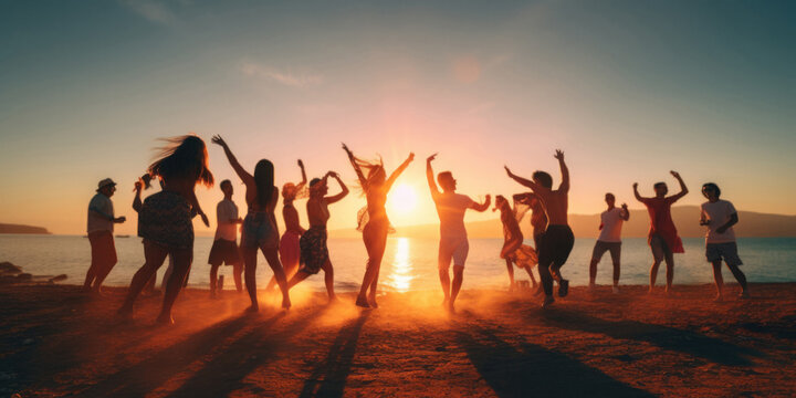 Twilight beach dance party in Brazil, Rio De Janeiro, with beautiful dusk tropical skies and hanging lightbulbs, in a tropical setting