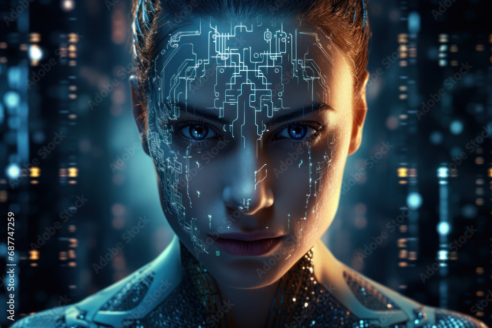 Poster a cybernetic humanoid, adorned with glowing circuitry, stands against a backdrop of binary code, emb