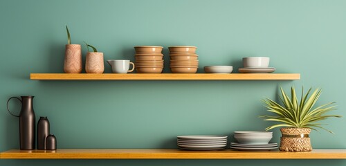Transform your kitchen shelves into a tropical haven, displaying bamboo trays against a lively teal...