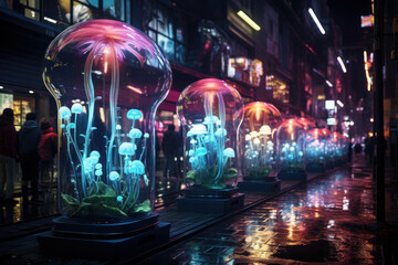 Biomechanical organisms, seamlessly blending organic and synthetic elements, navigate a neon-lit city, representing the convergence of nature and technology in a futuristic world. Generative Ai.