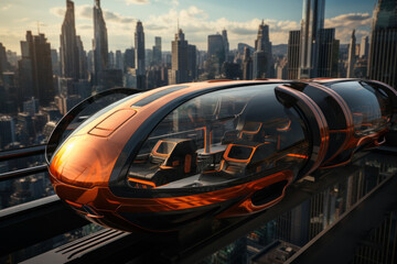 Hovering transport pods cruise above a cityscape, gliding effortlessly between skyscrapers, showcasing the advanced transportation systems of a sci-fi future. Generative Ai.