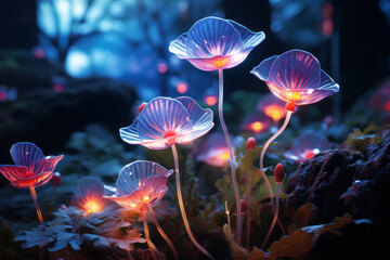 Bioengineered flora with bioluminescent petals, glowing in the darkness, create an otherworldly garden, illustrating the possibilities of genetic manipulation in a future ecosystem. Generative Ai.