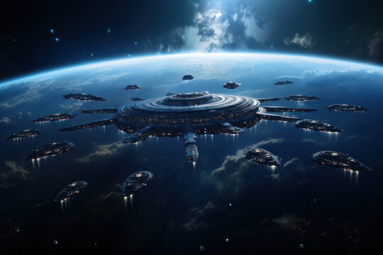 A celestial fleet of interstellar ships, sleek and aerodynamic, embarks on a cosmic voyage across the galaxy, symbolizing the boundless exploration of space. Generative Ai.