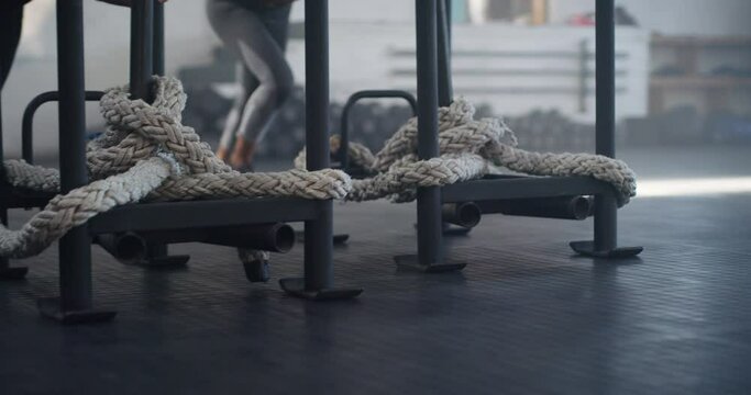 People, fitness and pushing sled for workout, exercise or intense training together at indoor gym. Athlete in power, bodybuilding or strength in motion for health, wellness and muscle endurance