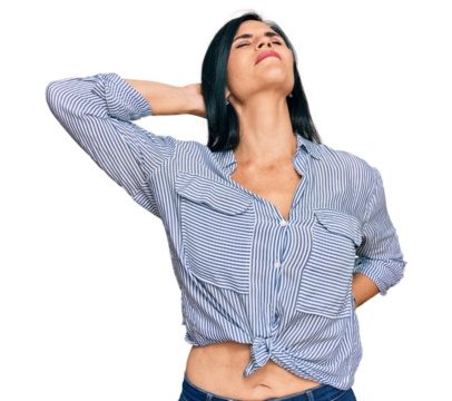 Young caucasian woman wearing casual clothes suffering of neck ache injury, touching neck with hand, muscular pain