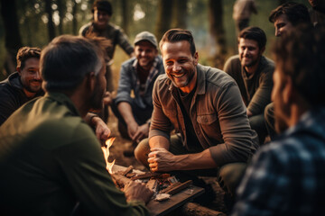 Team-building retreat in a natural setting, featuring outdoor activities and discussions to strengthen team bonds and enhance interpersonal relationships. Generative Ai.