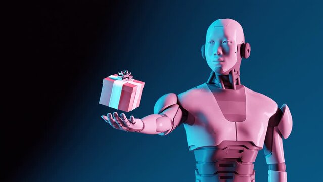 prototipe of humanoid cyber robot holding in his hand a present gift box bag for Christmas holiday 