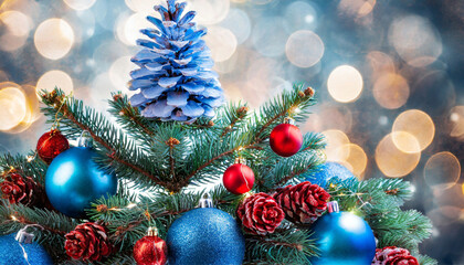 Christmas tree with ornaments in blue and bokeh light, red decorations and cones in a festive garland isolated on a white background