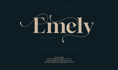 Emely premium luxury elegant alphabet letters and numbers. Elegant wedding typography classic serif font decorative vintage retro. Creative vector illustration